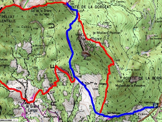 En bleu l'itinéraire sud, facile. En rouge les variantes possibles par beau temps