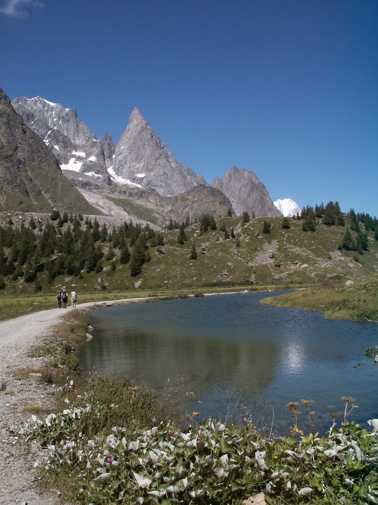 Le lac Combal, avec au fond l'aiguille noire de Peuterey, dans le massif du Mont-Blanc