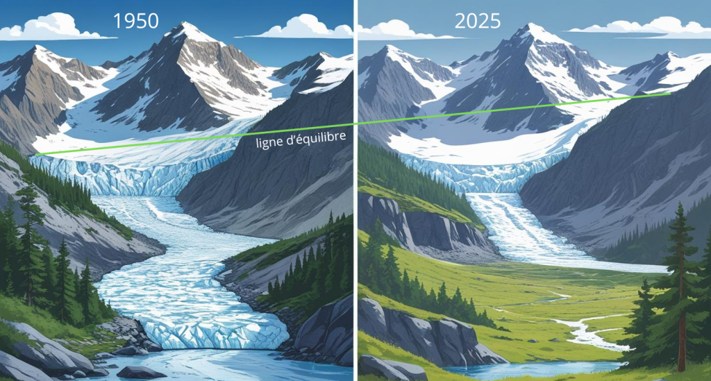 Représentation schématique d'un glacier alpin au siècle dernier et aujourd'hui, avec remontée de la ligne d'équilibre